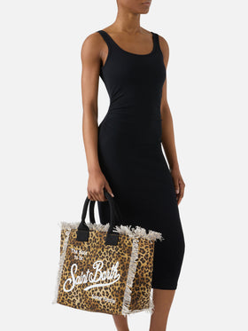 Bolso Vanity regular de lona con estampado de leopardo y detalles de flecos 
