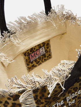Vanity regular leopard canvas bag with fringed details