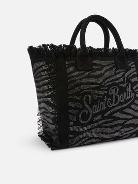 Borsa Vanity regular in canvas animalier con strass