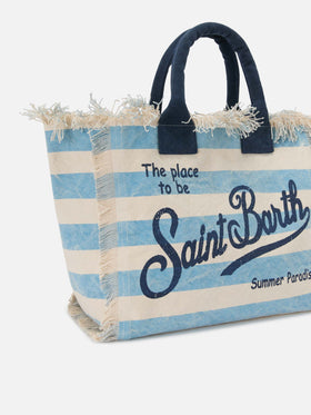 Borsa Vanity regular in canvas a righe orizzontali azzurre