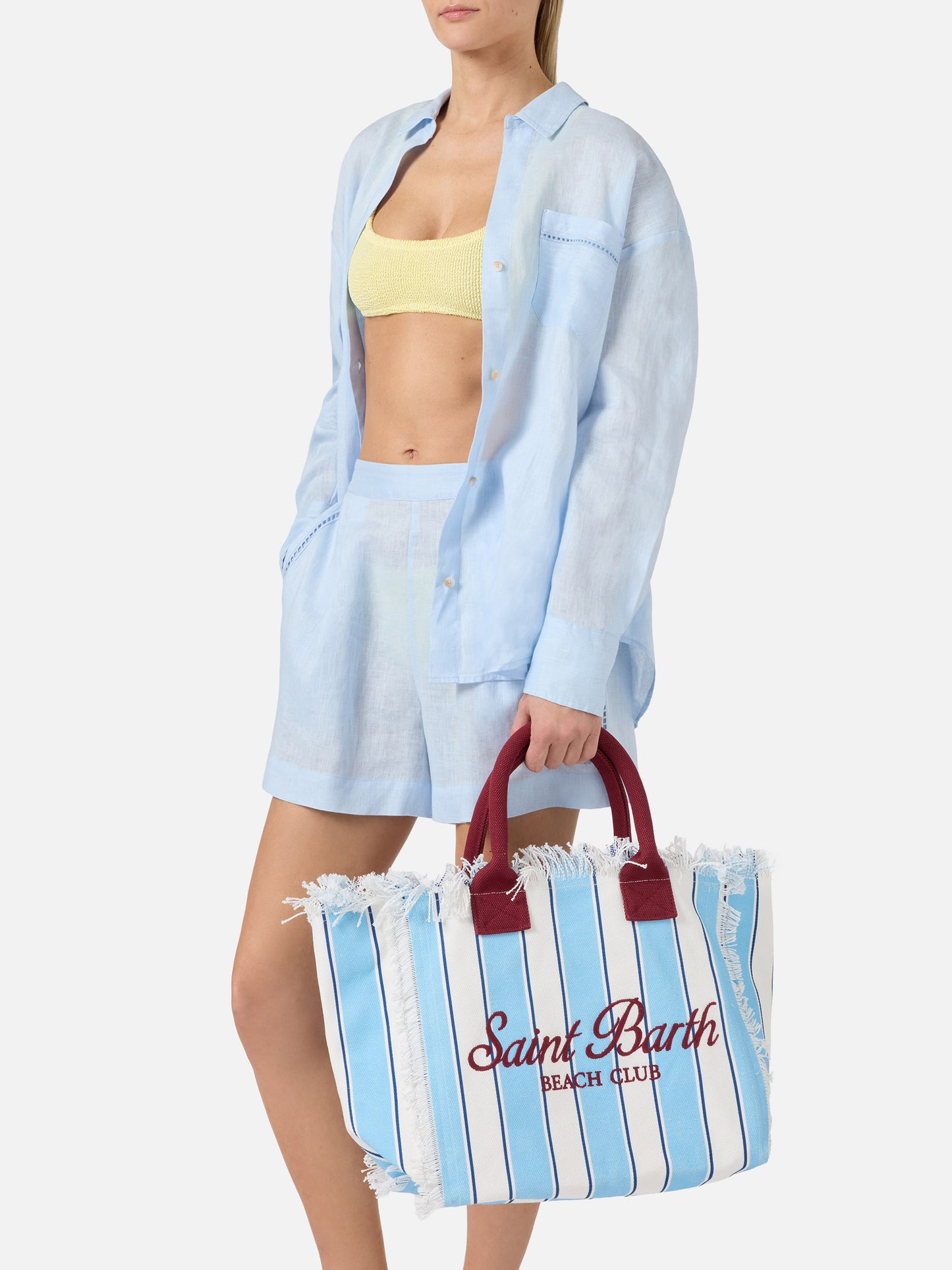 Borsa Vanity regular in canvas a righe azzurre con dettagli bordeaux