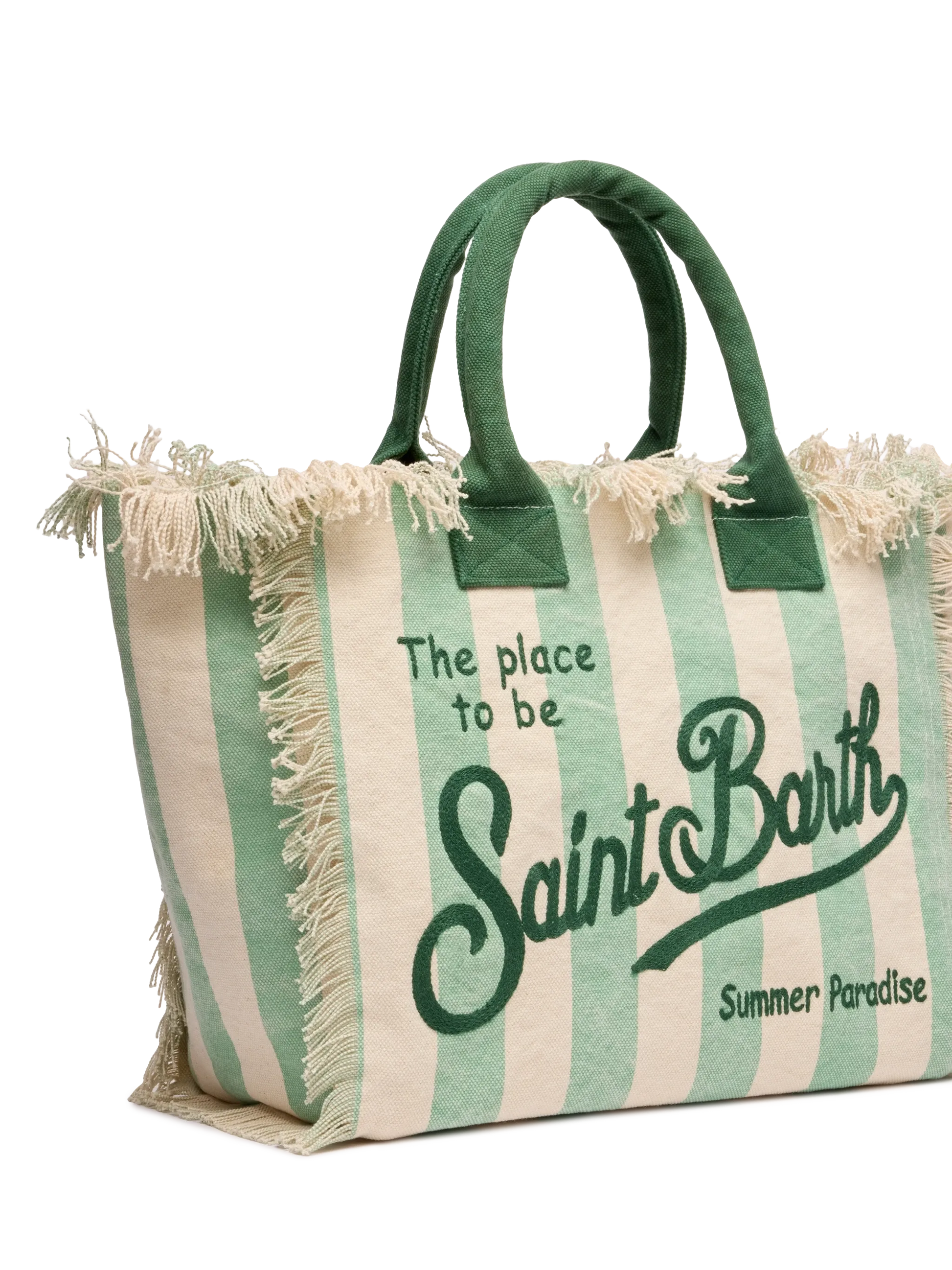 Cotton canvas Vanity tote bag with sage green striped print - MC2 Saint Barth
