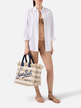 Borsa Vanity regular in canvas a righe orizzontali beige