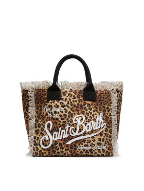 Borsa a spalla Vanity in canvas di cotone con stampa leopardata