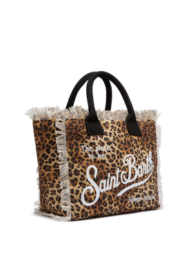 Borsa a spalla Vanity in canvas di cotone con stampa leopardata