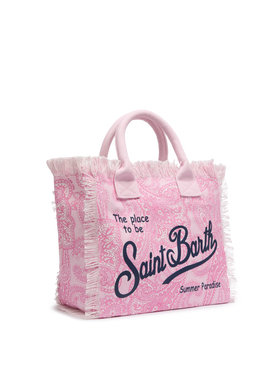 Borsa a spalla Vanity in canvas di cotone rosa con stampa paisley