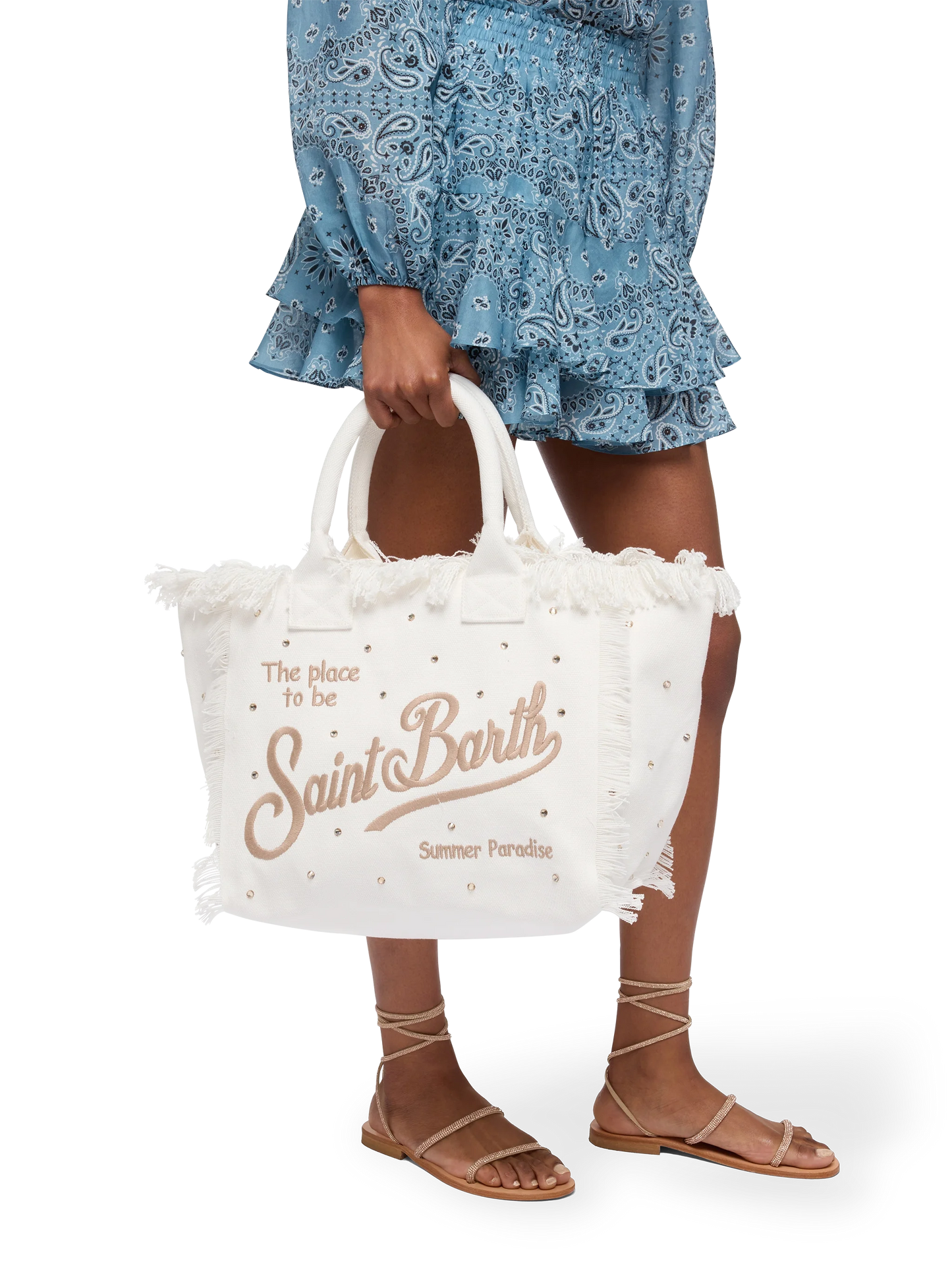 Borsa a spalla Vanity in canvas di cotone off-white con borchie decorative