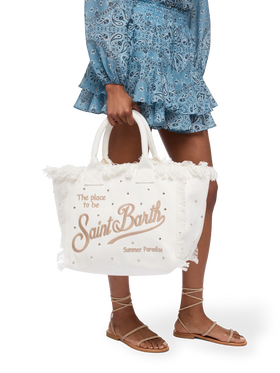 Borsa a spalla Vanity in canvas di cotone off-white con borchie decorative