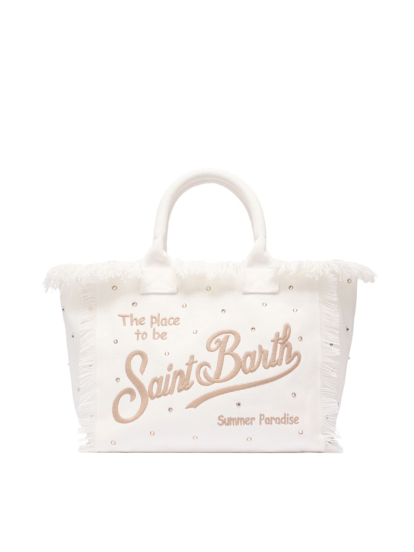 Borsa a spalla Vanity in canvas di cotone off-white con borchie decorative