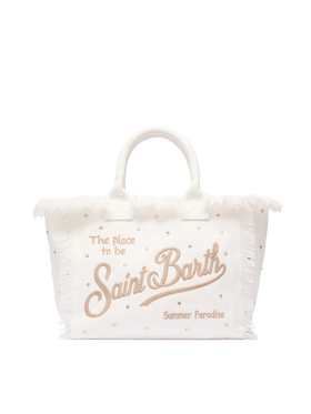 Borsa a spalla Vanity in canvas di cotone off-white con borchie decorative