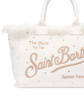 Borsa a spalla Vanity in canvas di cotone off-white con borchie decorative