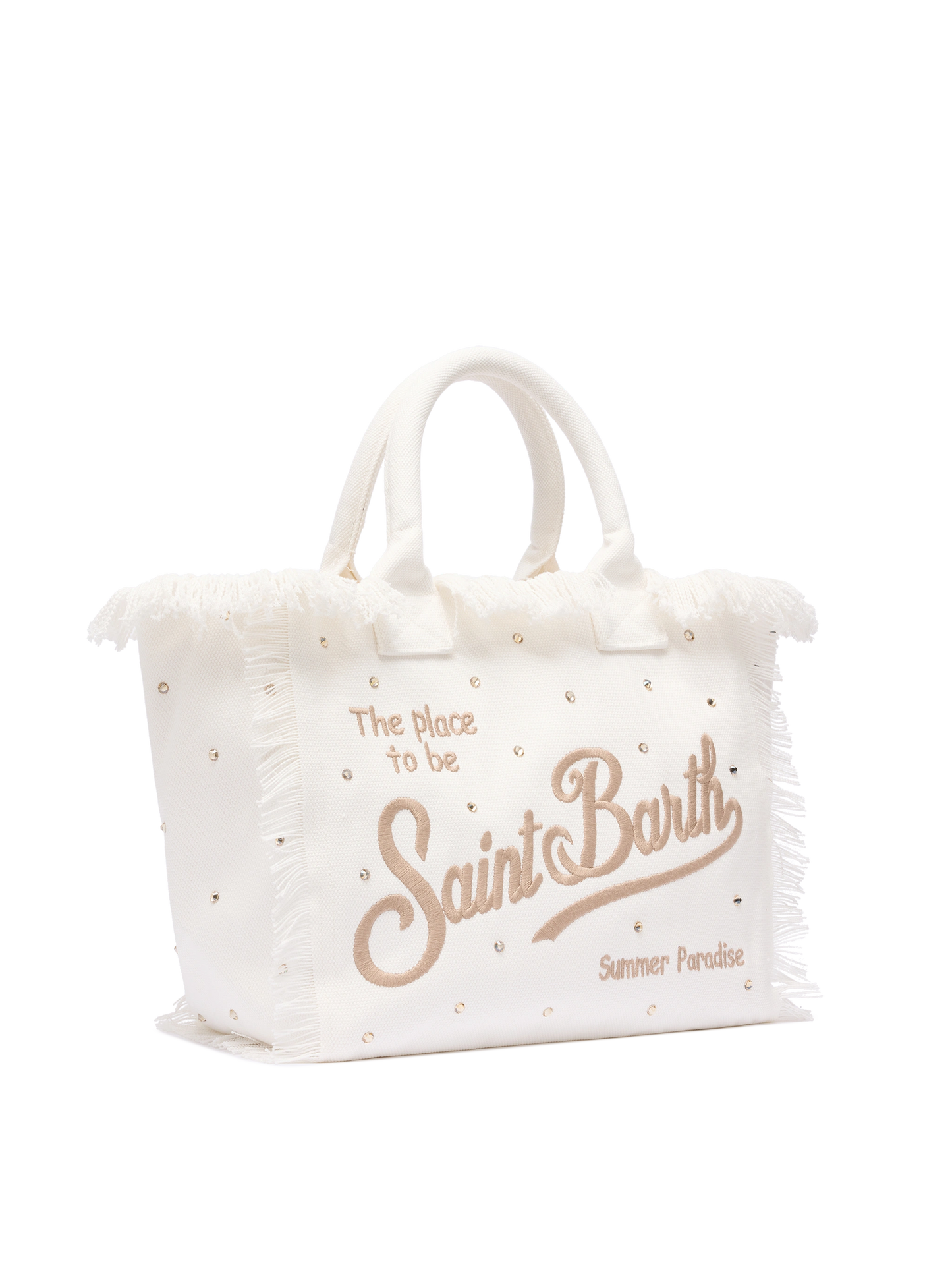 Borsa a spalla Vanity in canvas di cotone off-white con borchie decorative