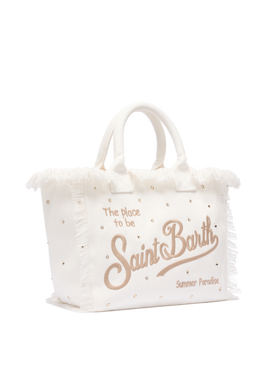 Borsa a spalla Vanity in canvas di cotone off-white con borchie decorative