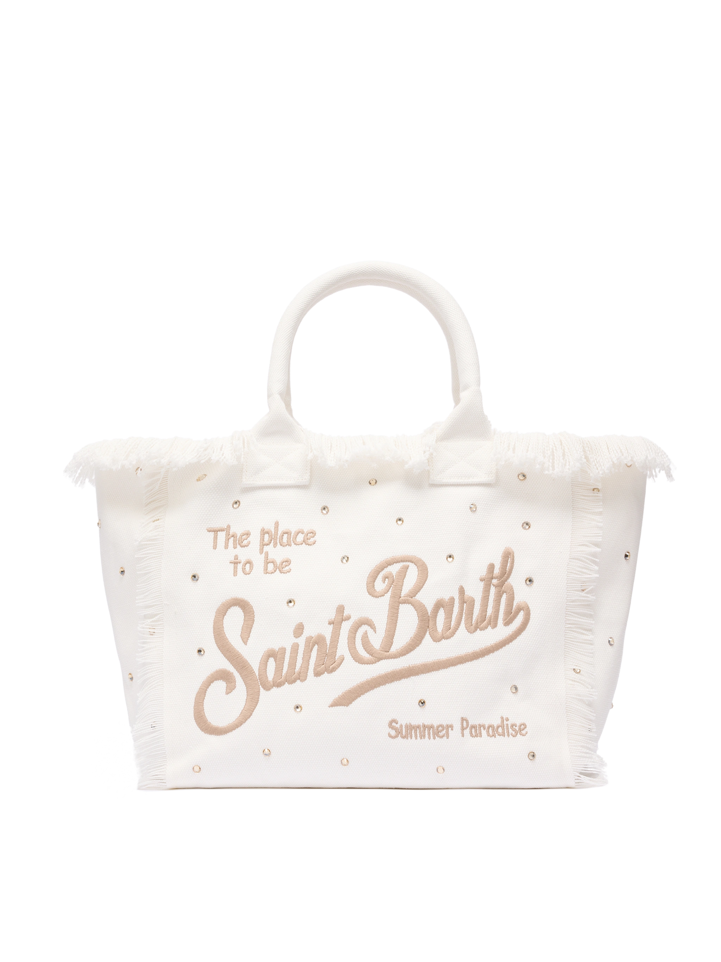 Borsa a spalla Vanity in canvas di cotone off-white con borchie decorative