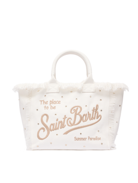 Borsa a spalla Vanity in canvas di cotone off-white con borchie decorative