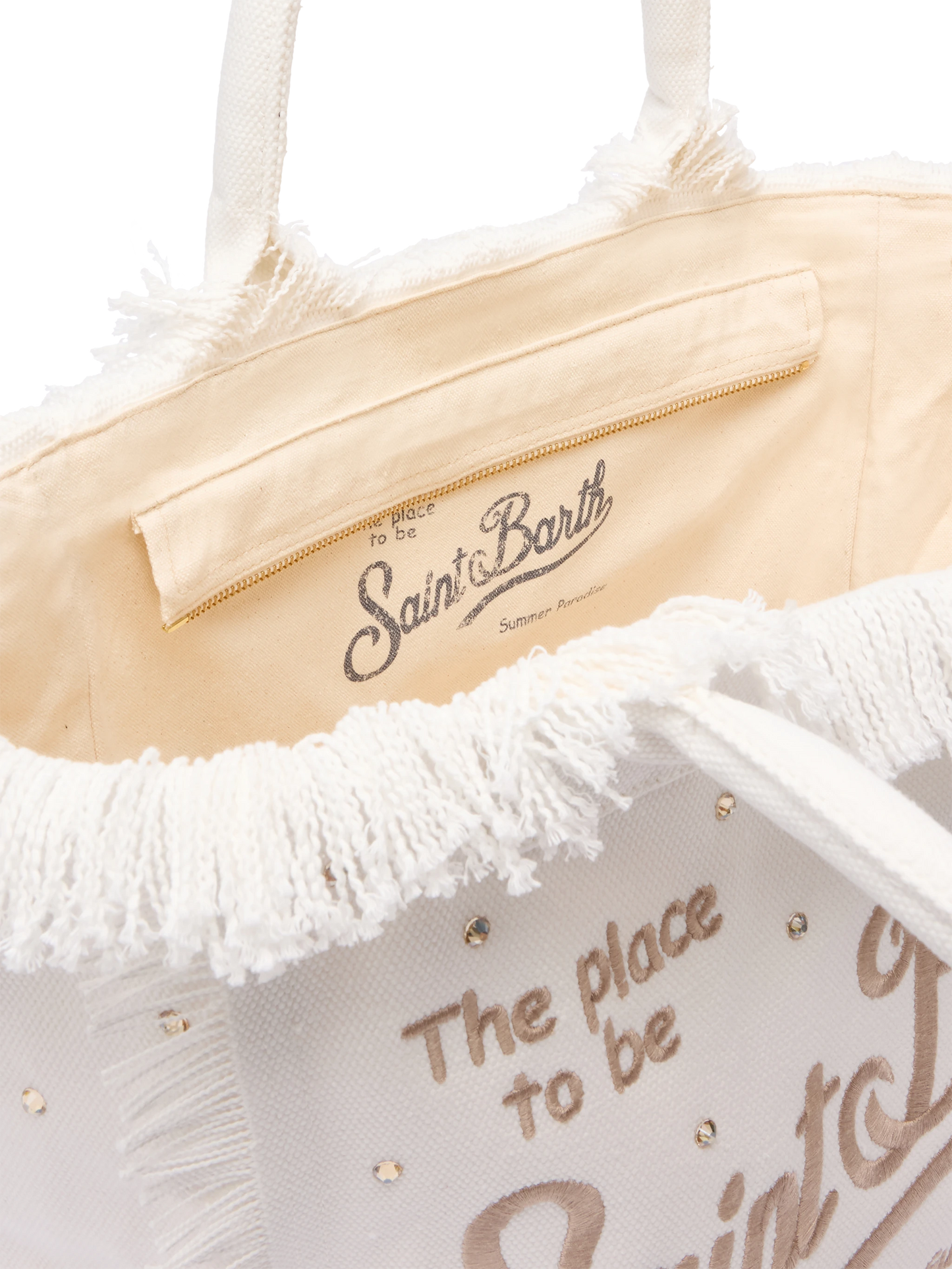 Borsa a spalla Vanity in canvas di cotone off-white con borchie decorative
