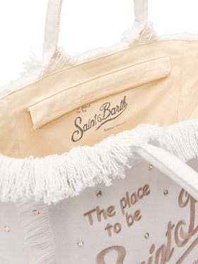 Borsa a spalla Vanity in canvas di cotone off-white con borchie decorative