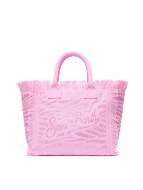 Borsa a spalla Vanity in canvas di cotone rosa con decorazioni in strass zebrati