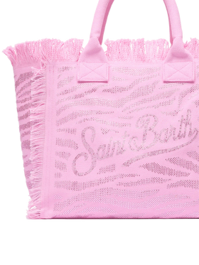 Borsa a spalla Vanity in canvas di cotone rosa con decorazioni in strass zebrati