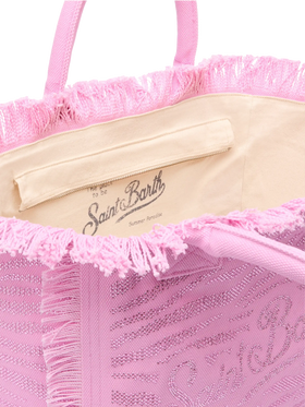 Borsa a spalla Vanity in canvas di cotone rosa con decorazioni in strass zebrati