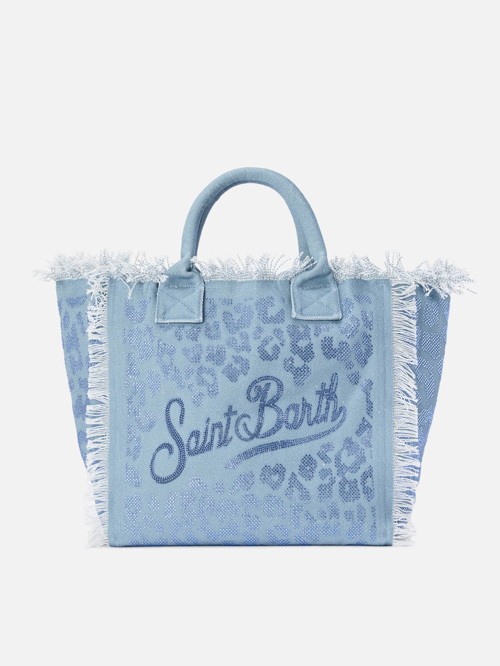 Borsa Vanity regular in canvas blu leopardato con strass