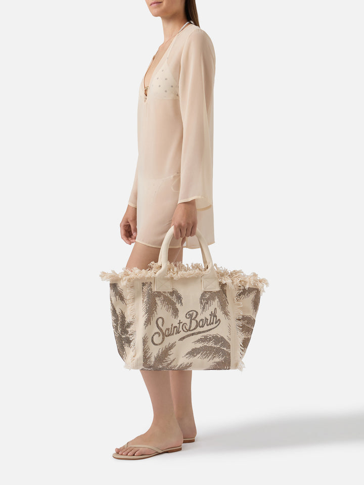 Borsa Vanity regular in canvas con stampa palme con strass
