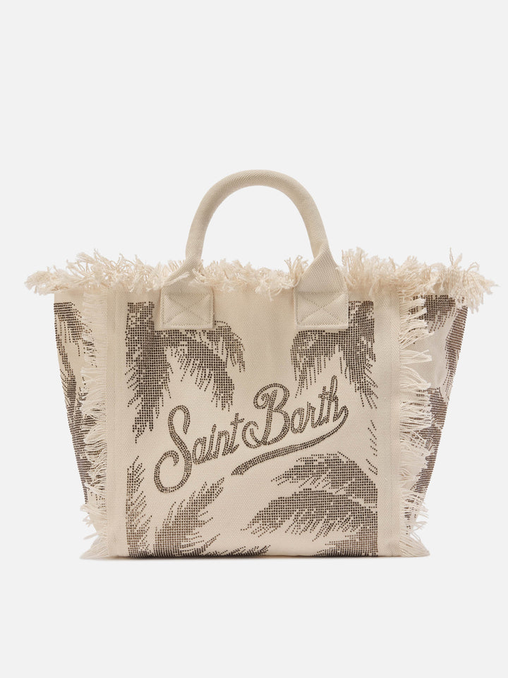 Borsa Vanity regular in canvas con stampa palme con strass