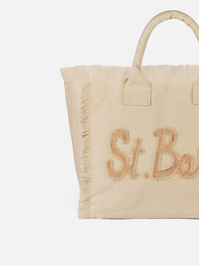 Borsa a spalla Vanity in canvas di cotone beige con patch logo Saint Barth