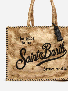 Borsa a spalla Vanity Rafia beige con bordo nero