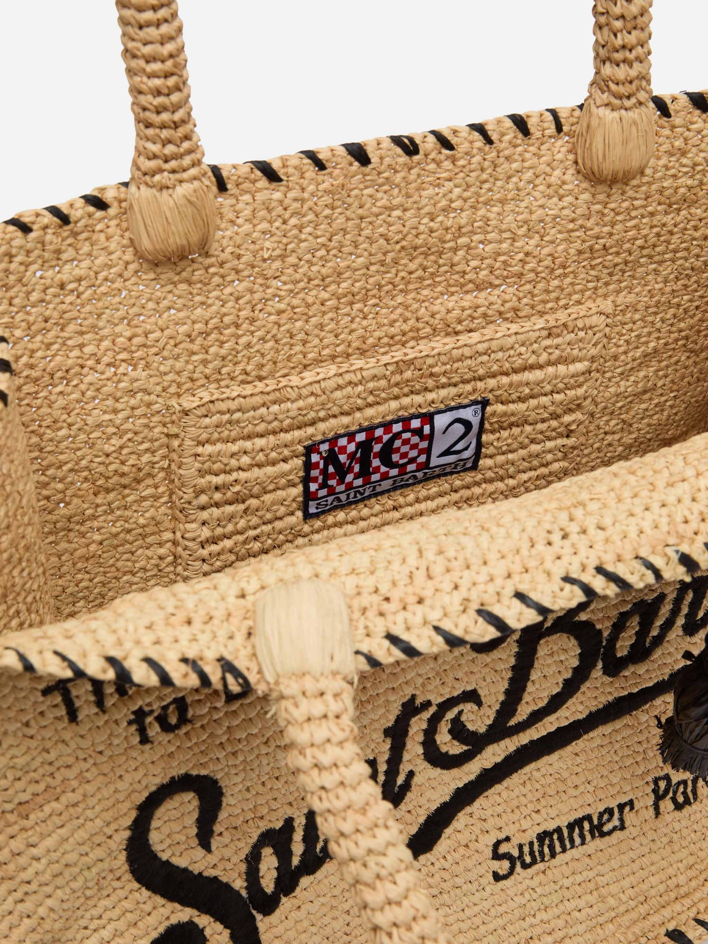 Borsa a spalla Vanity Rafia beige con bordo nero