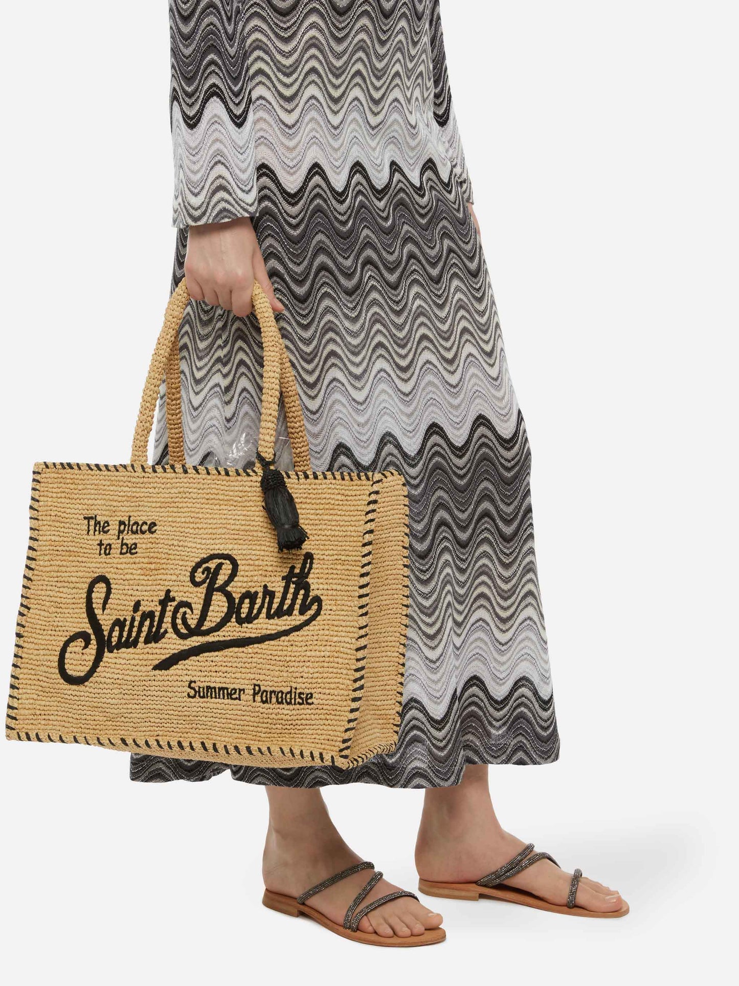 Borsa a spalla Vanity Rafia beige con bordo nero