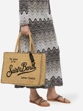 Borsa a spalla Vanity Rafia beige con bordo nero
