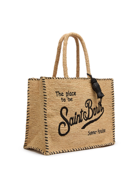 Borsa a spalla Vanity Rafia beige con bordo nero