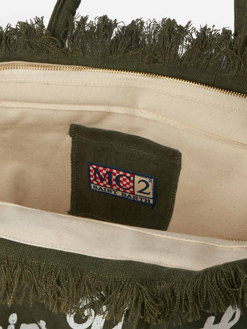 Military green Vanity Linen tote bag with embroidery