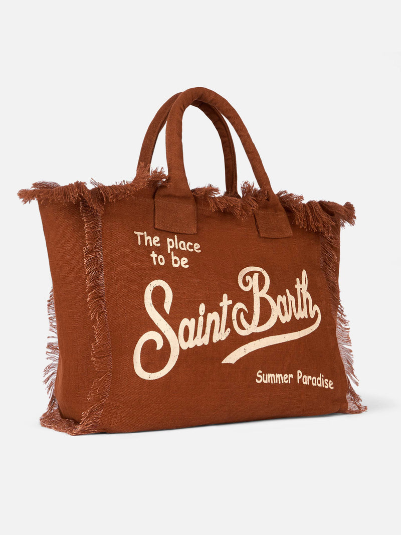 Brown Vanity Linen tote bag with Saint Barth logo