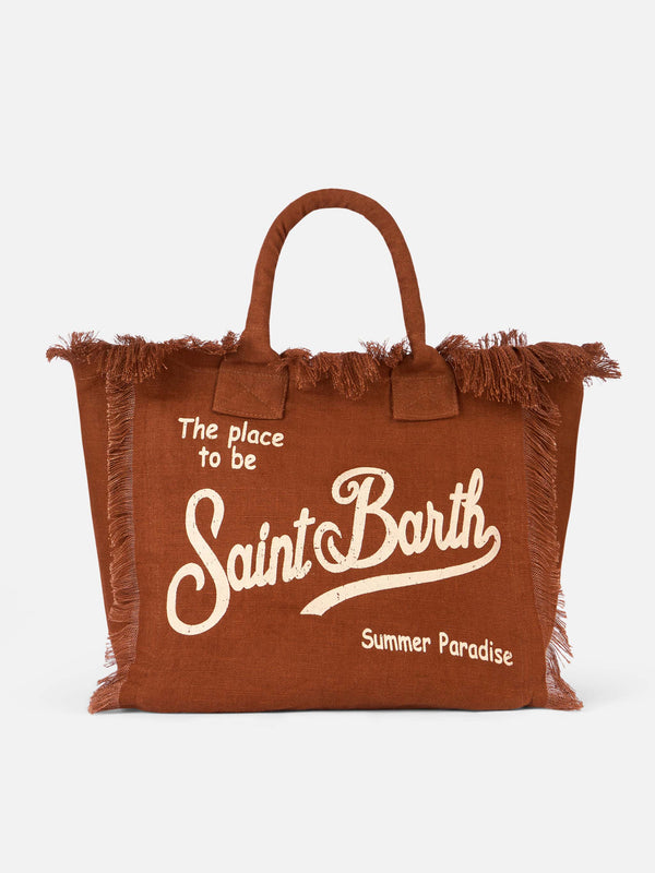 Brown Vanity Linen tote bag with Saint Barth logo