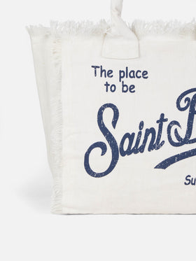 Borsa a spalla Vanity in lino bianco panna