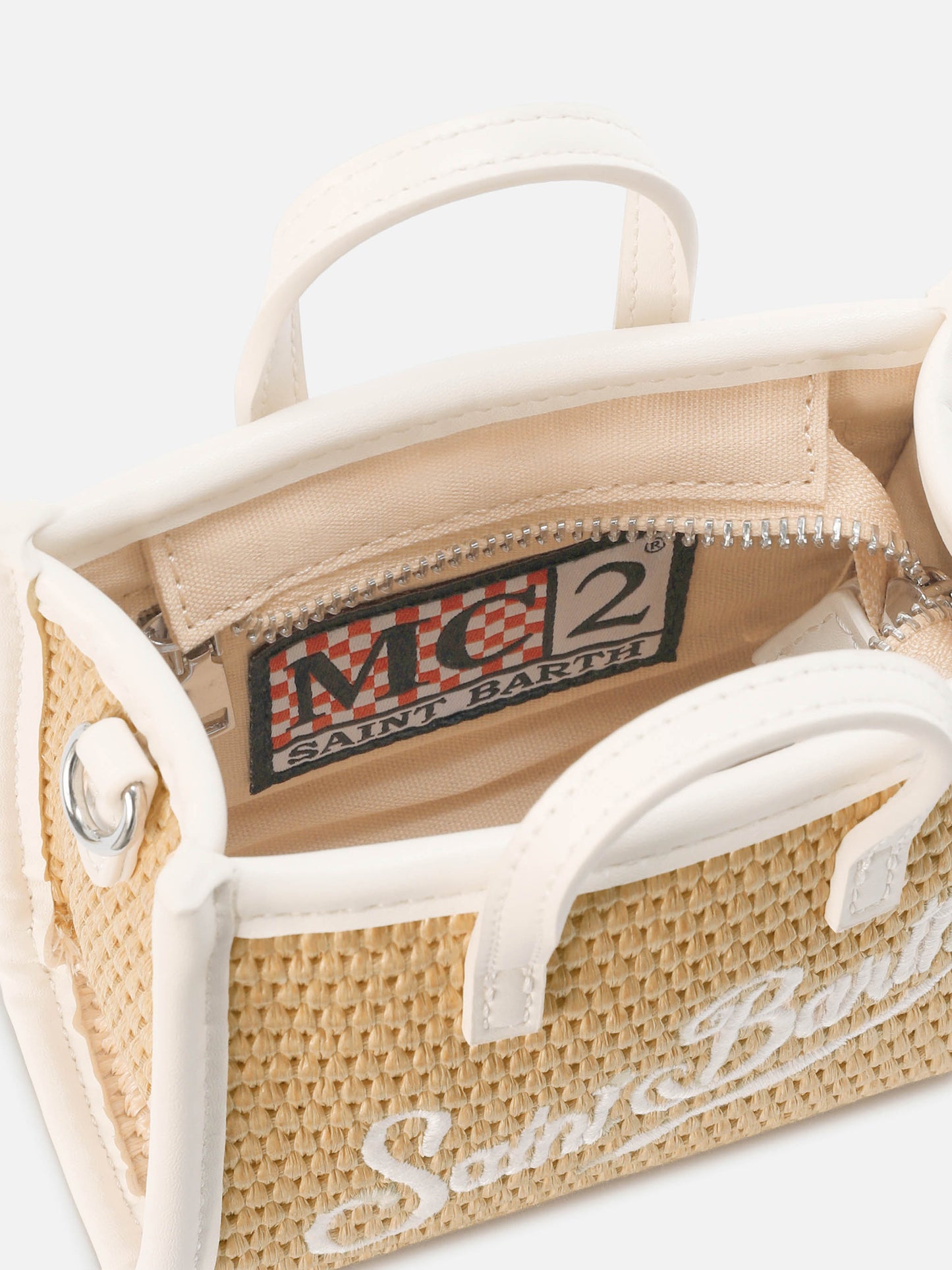 Borsa Vivian micro effetto paglia con logo bianco ricamato