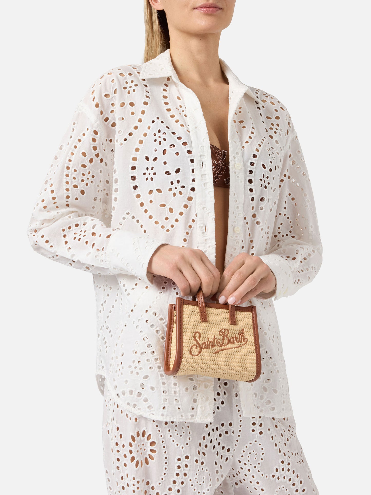 Vivian micro raffia effect bag with brown embroidered logo