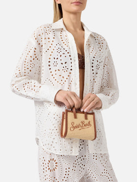 Vivian micro raffia effect bag with brown embroidered logo