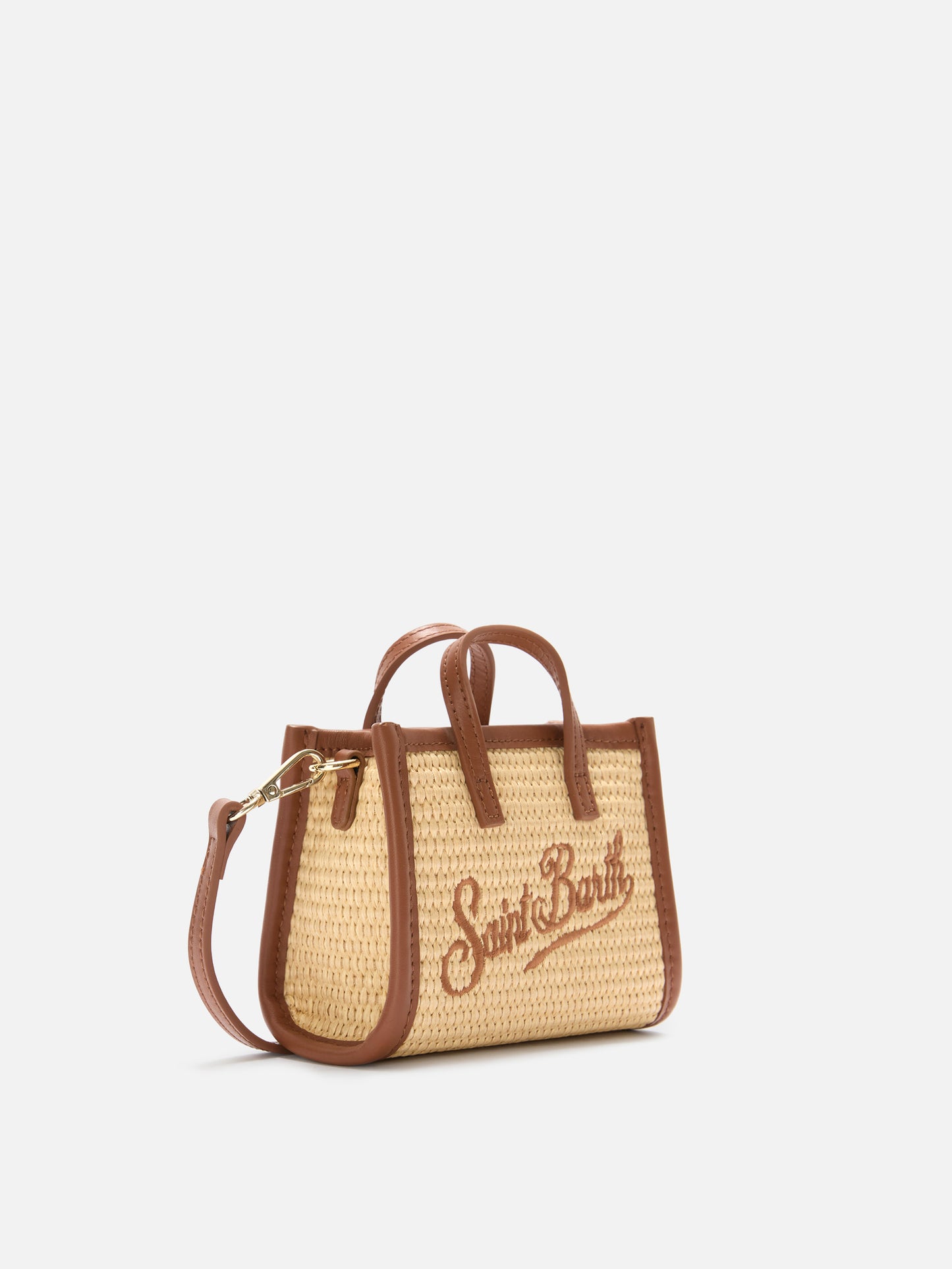 Vivian micro raffia effect bag with brown embroidered logo