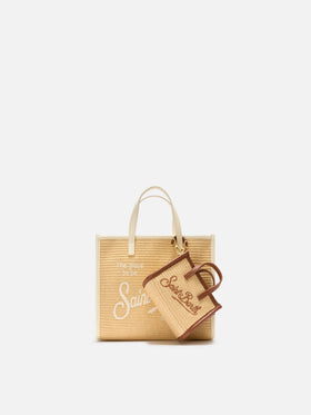 Vivian micro raffia effect bag with brown embroidered logo