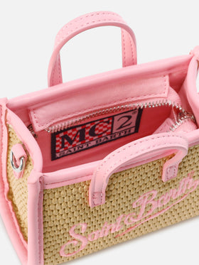 Vivian micro raffia effect bag with pink embroidered logo