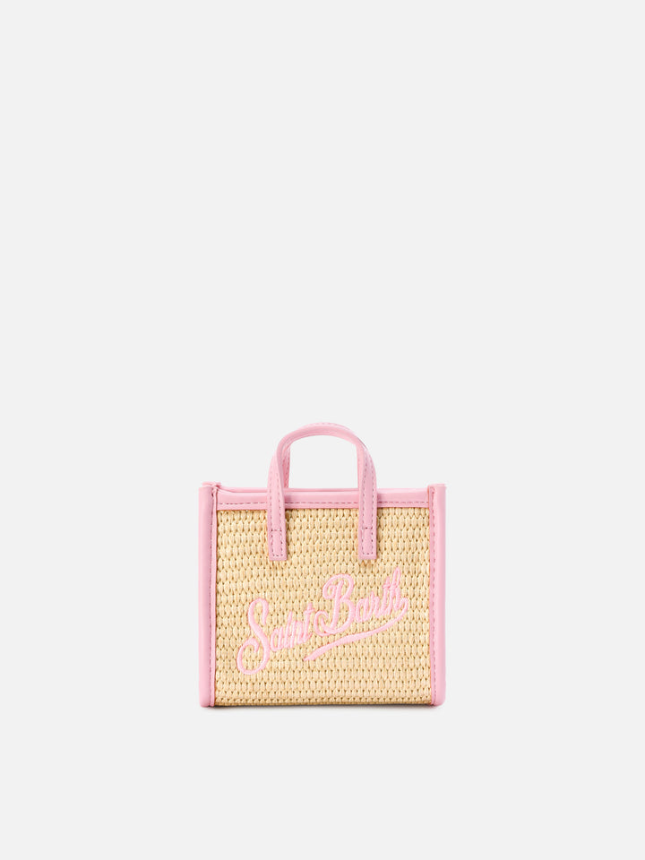 Borsa Vivian micro effetto raffia con logo rosa ricamato