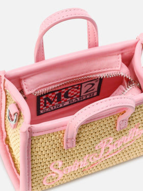 Vivian micro raffia effect bag with pink embroidered logo