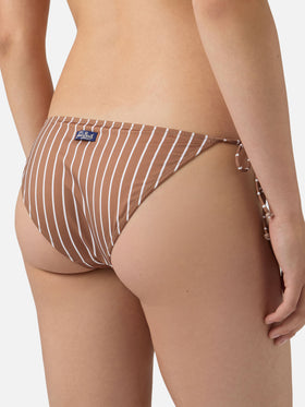 Leah Virgo beige and brown vertical striped bikini