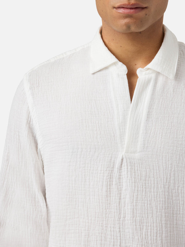 Long-sleeve Ventotene waffle cotton polo white
