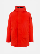 Man hooded orange parka with bandanna lining