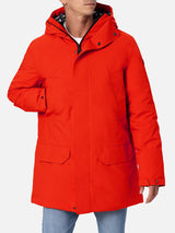 Man hooded orange parka with bandanna lining