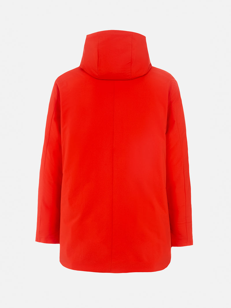 Man hooded orange parka with bandanna lining